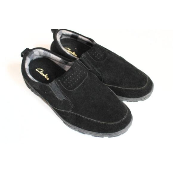 Clarks Comfort Shoe Loafer Womens 8 Black Suede Flannel Lined Hard Sole Slipper - Picture 1 of 6